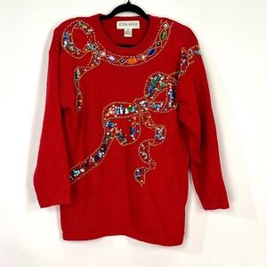Vintage Victoria Harbour Red Sequin Jewel Embellished Christmas Bow Sweater Sz M